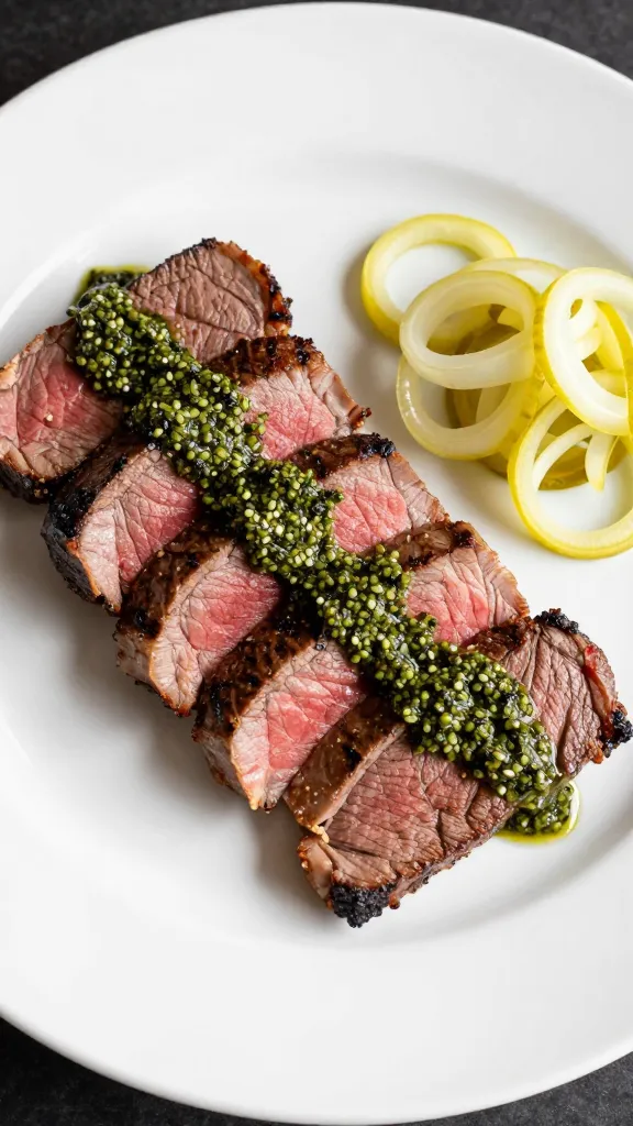 Sliced steak, pickled onions, pesto on white plate