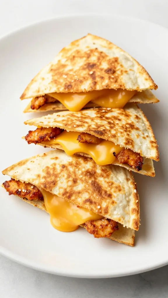 BBQ chicken quesadilla triangles on white plate, melty cheese