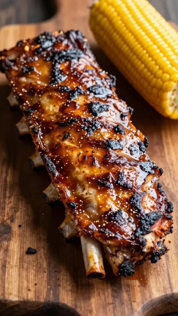 Leftover grilled ribs with corn on rustic wooden board
