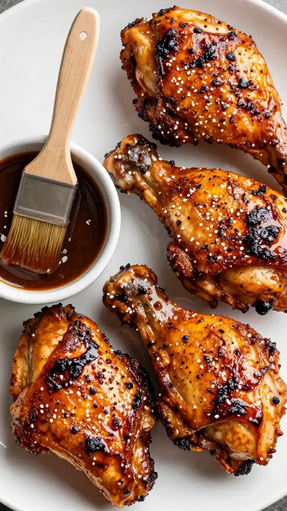 glazed bbq chicken thighs with brush and sauce bowl