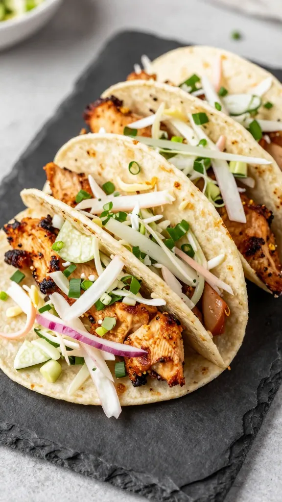 leftover bbq chicken tacos with slaw on slate board