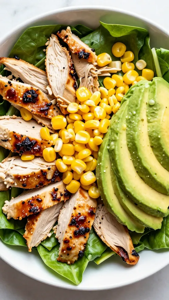chopped bbq chicken salad with corn and avocado top-down