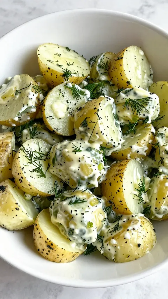 herby dill potato salad in white bowl, natural light