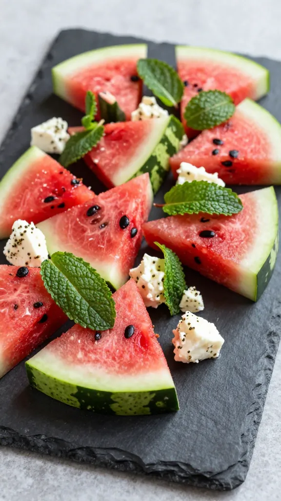 juicy watermelon feta mint salad on slate board
