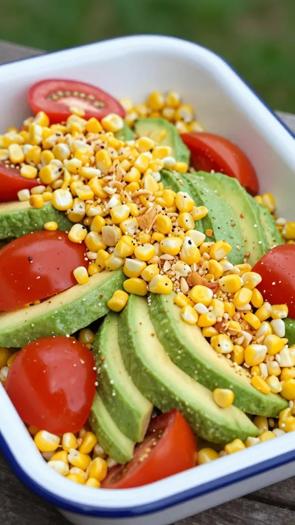 crunchy corn tomato avocado salad in enamel tray outdoors