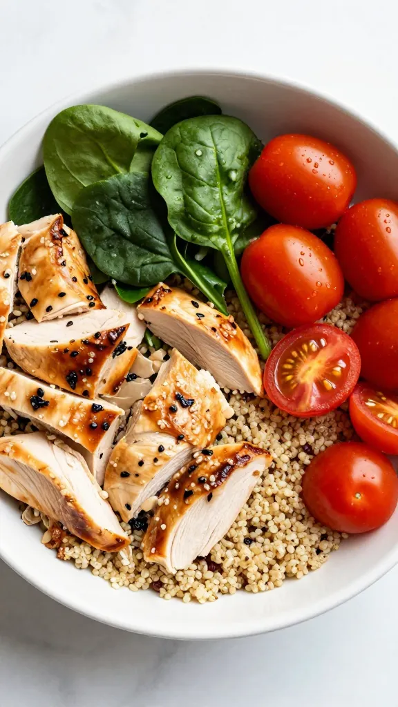 leftover chicken bowl with quinoa, spinach, cherry tomatoes