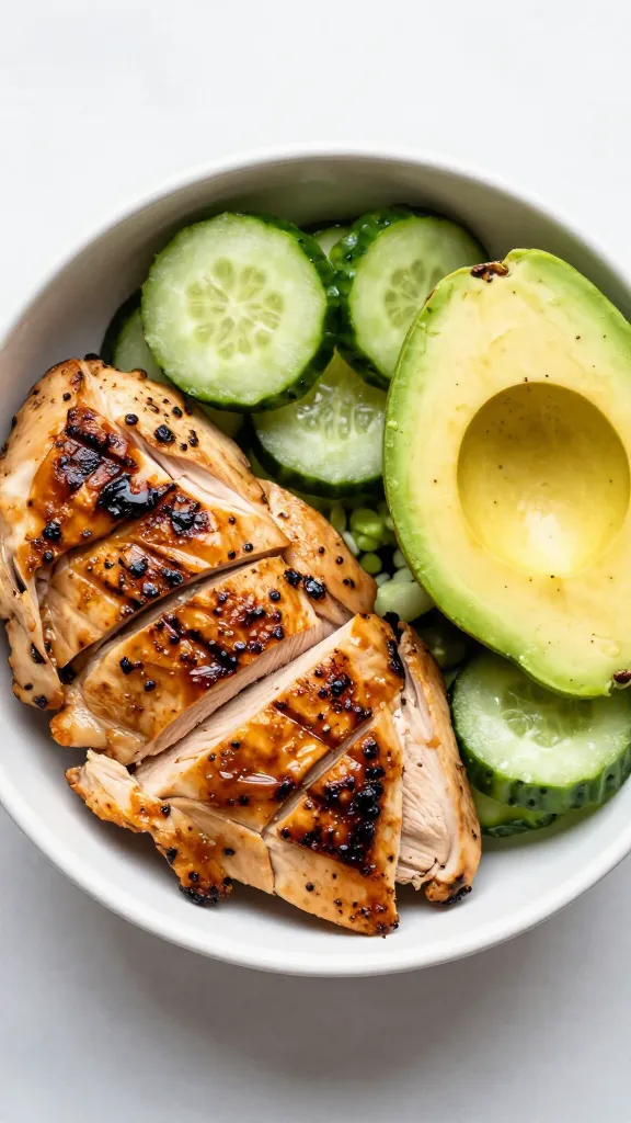 summer lunch bowl with grilled chicken, cucumbers, avocado