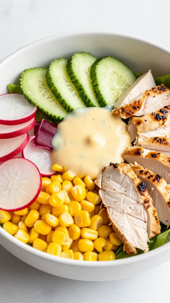 colorful chicken salad bowl with corn, radishes, lemon dressing