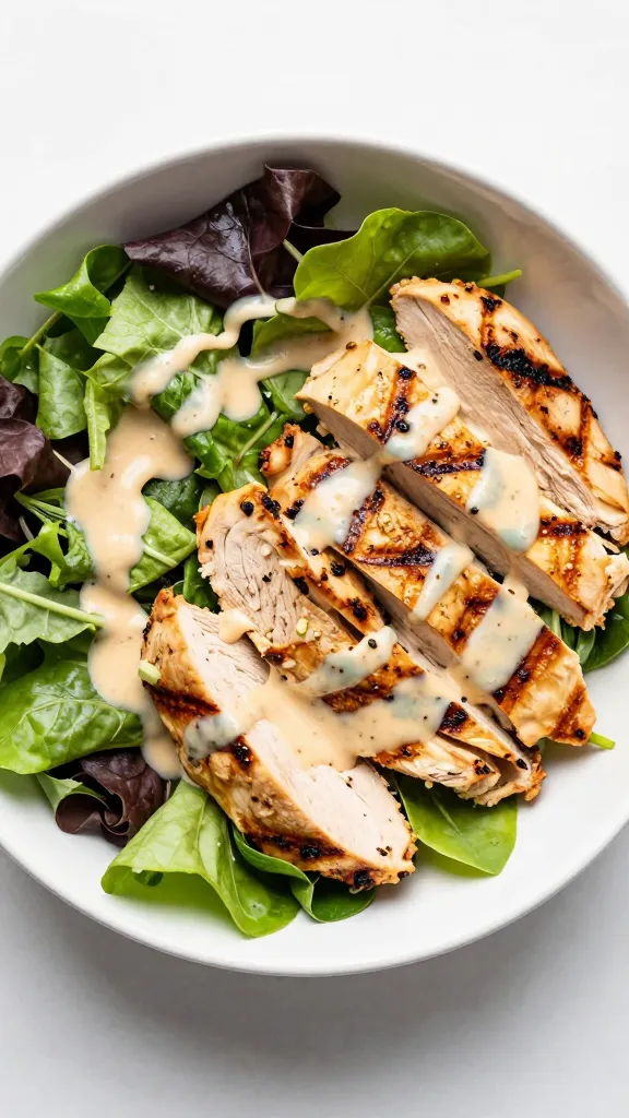 Grilled chicken bowl with mixed greens and vinaigrette
