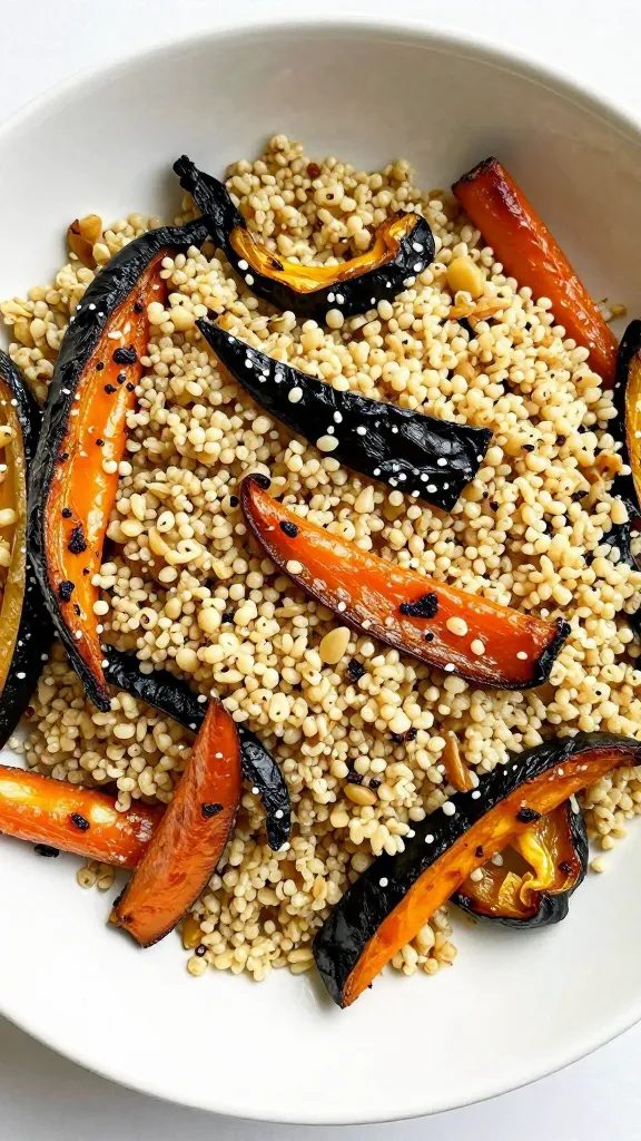 Leftover charred veggies over quinoa in white bowl
