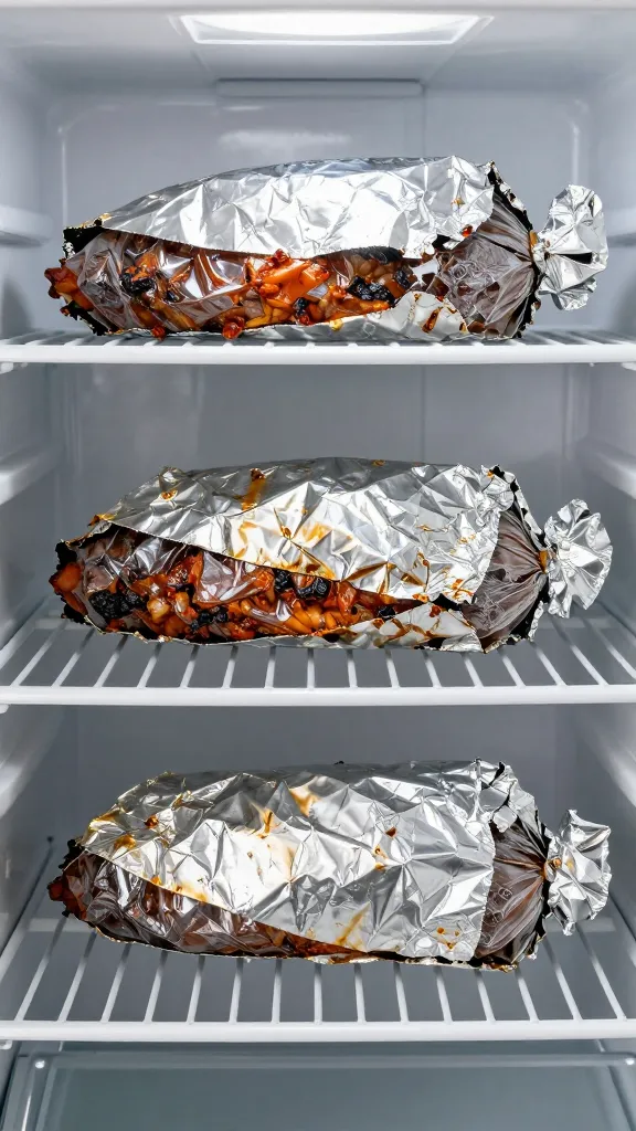 Foil-wrapped BBQ leftovers on fridge shelf, overhead shot