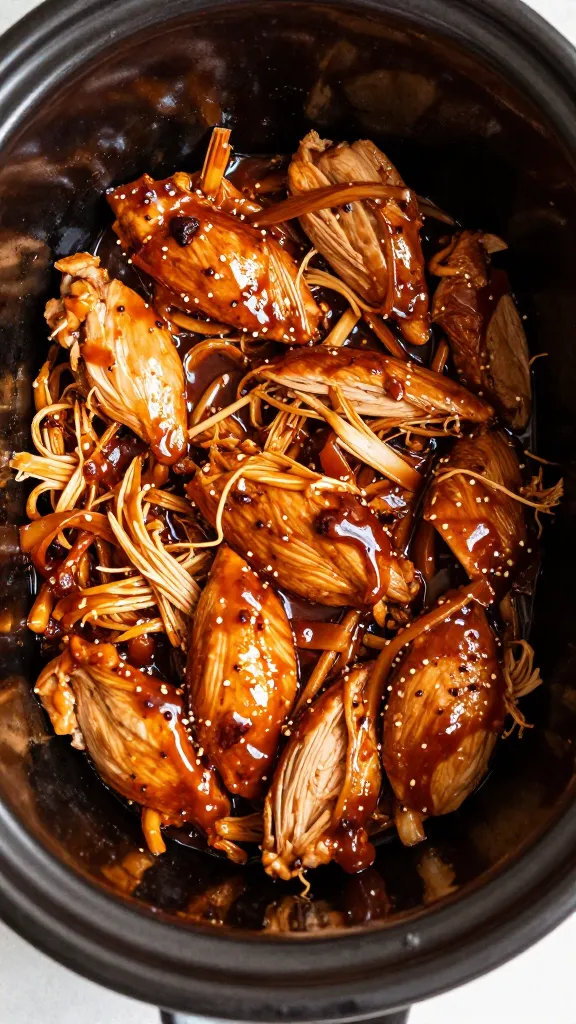 shredded bbq chicken in crockpot, glossy sauce, overhead