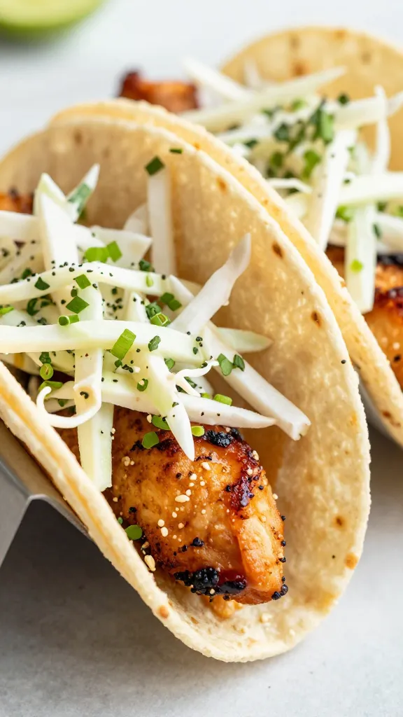 bbq chicken tacos with slaw, warm tortillas, close-up
