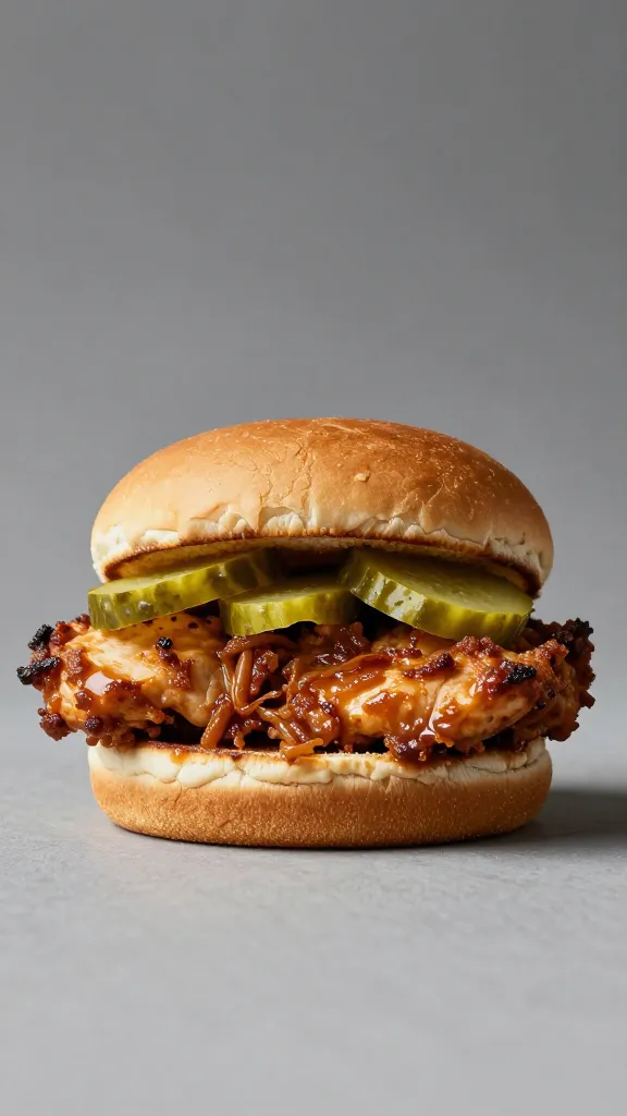 pulled bbq chicken sandwich, brioche bun, pickles, studio lighting