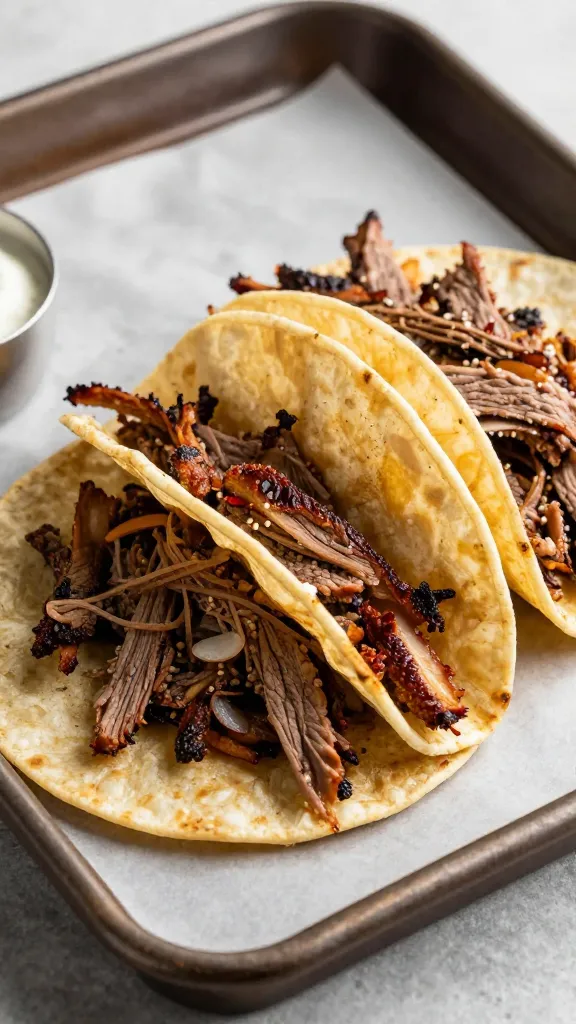 Crisped leftover brisket tacos on rustic tray, natural light