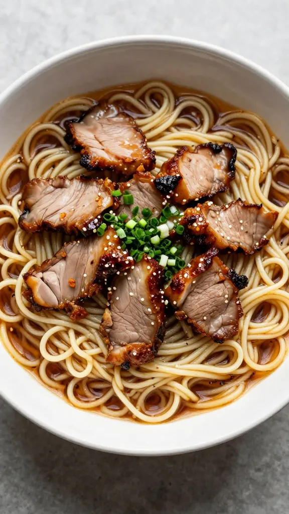 Cold roast pork noodle bowl with herbs, overhead