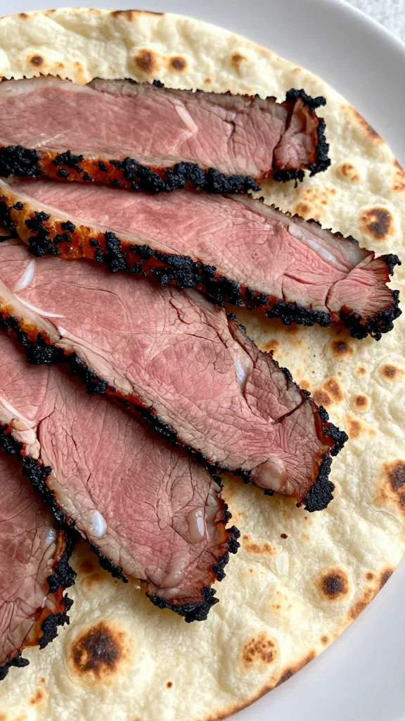 Saucy flatbread with sliced roast beef, charred edges, close-up