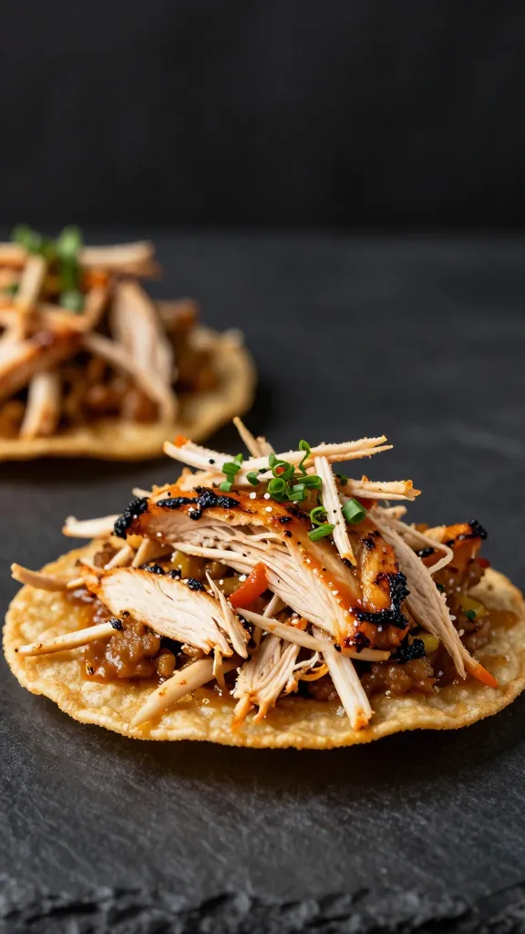 shredded grilled chicken tinga on crisp tostadas, studio lighting