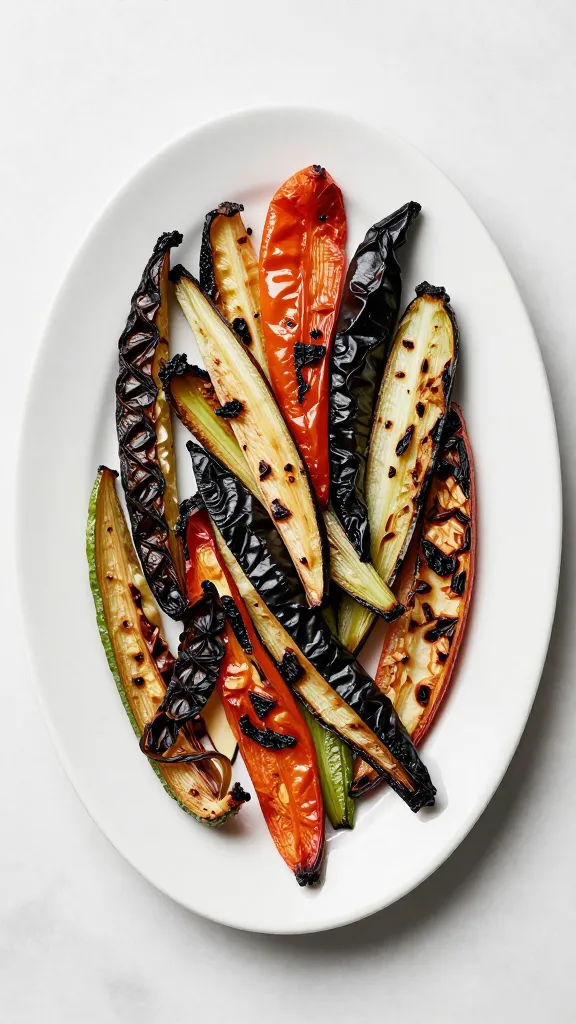 platter of charred vegetables leftovers on white marble surface