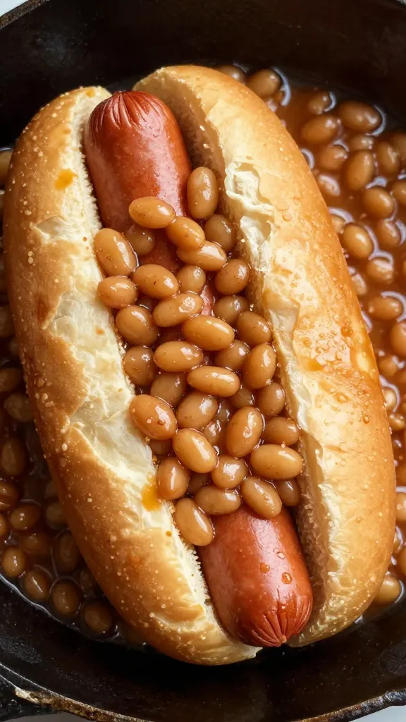 hot dogs sliced into skillet beans, overhead food photography