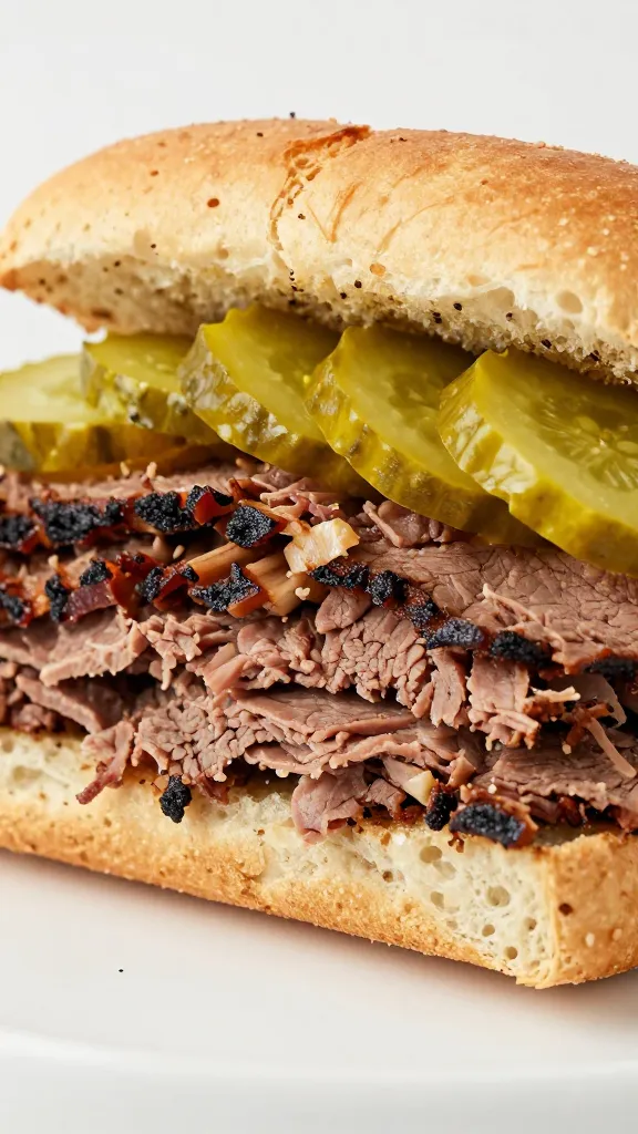 sliced smoked brisket sandwich with pickles on brioche
