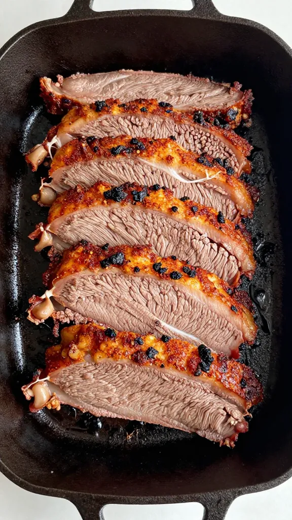 leftover brisket reheated in cast iron, crispy edges