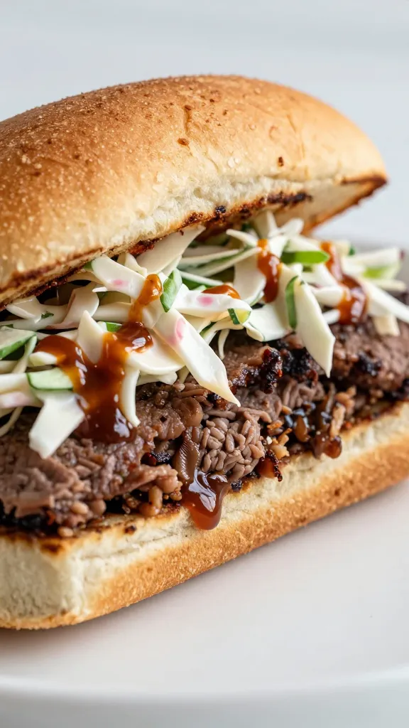 brisket sandwich with tangy slaw and barbecue sauce drizzle