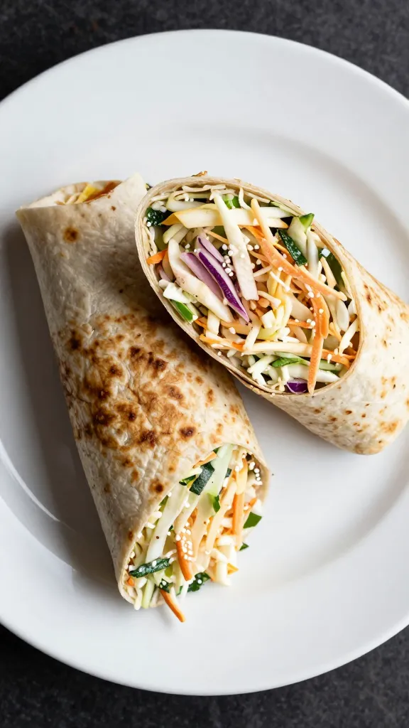 BBQ coleslaw wrap on white plate, overhead