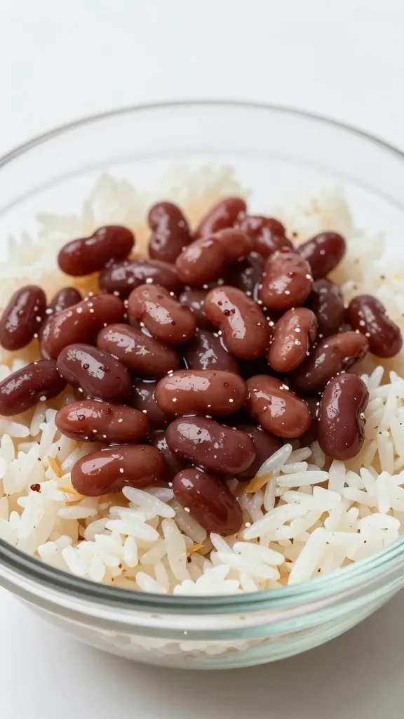 Leftover baked beans over rice in glass bowl