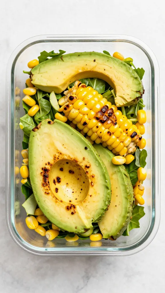 Grilled corn salad with avocado in meal-prep container