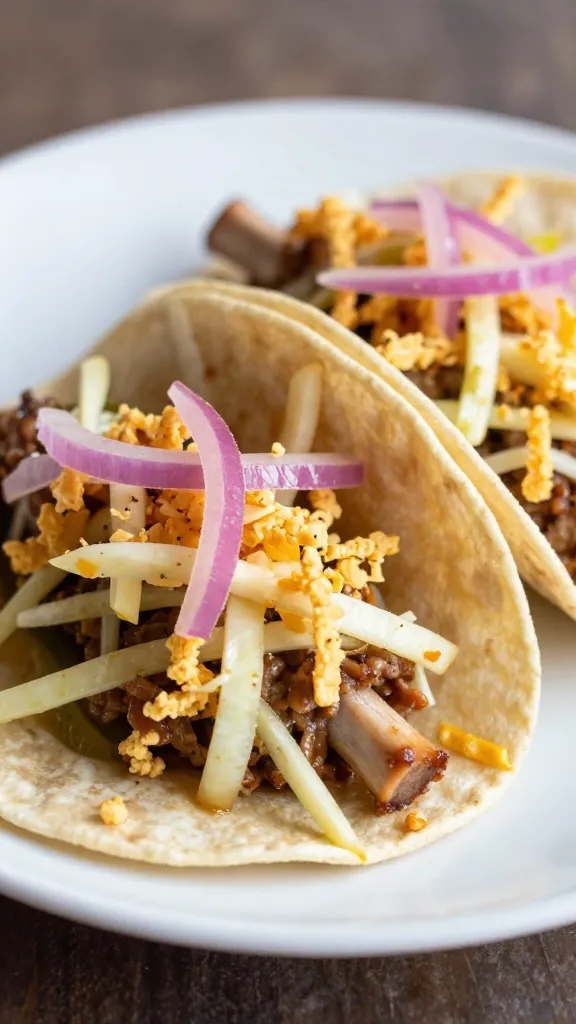 crunchy slaw and pickled onions topping rib tacos