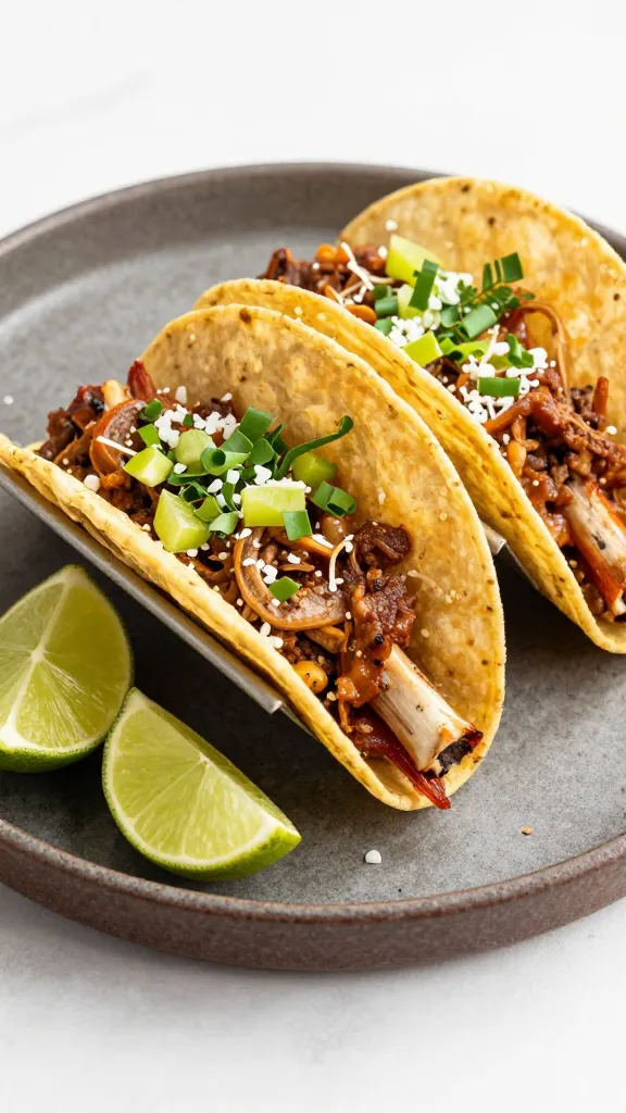 saucy rib tacos on rustic platter with lime wedges