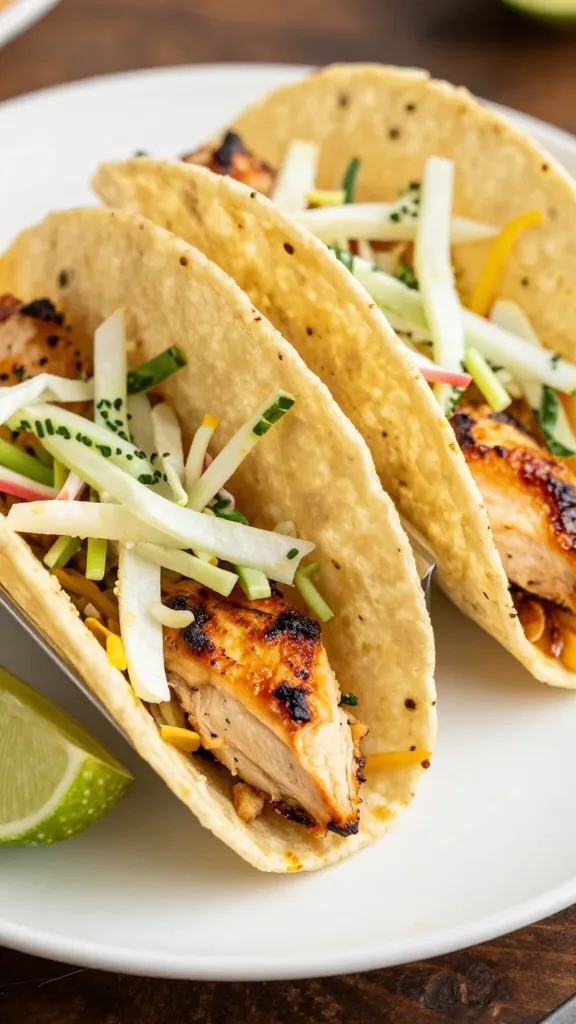 Leftover grilled chicken tacos with slaw on corn tortillas