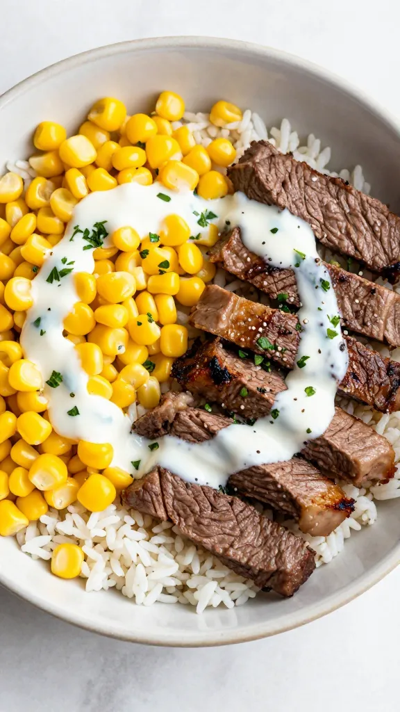 Steak and rice bowl with corn, herbs, and yogurt drizzle