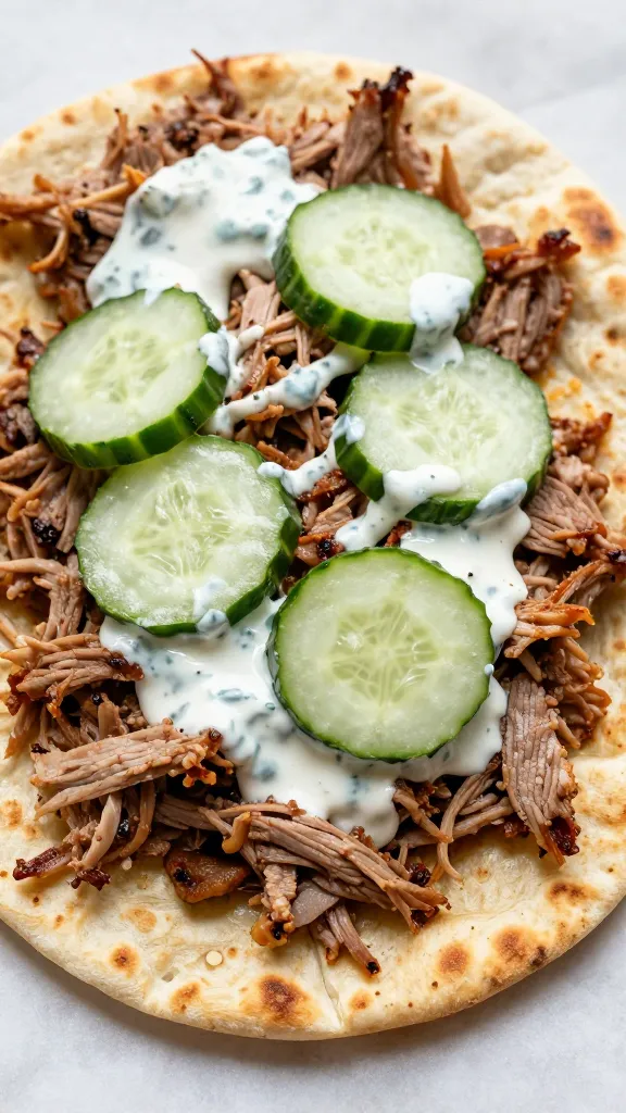 Flatbread topped with pulled pork, cucumbers, and ranch