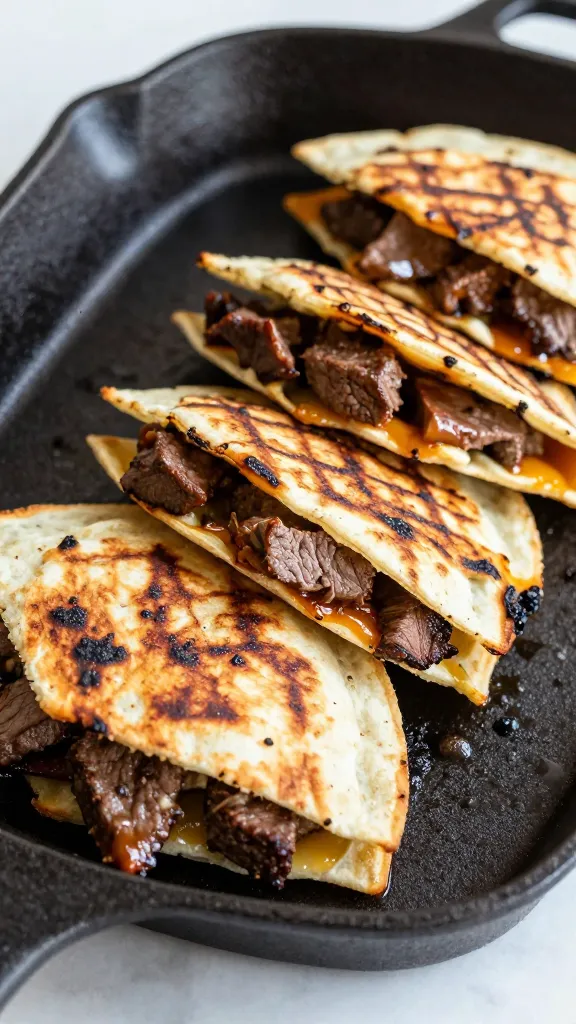 BBQ steak quesadilla wedges on cast-iron skillet