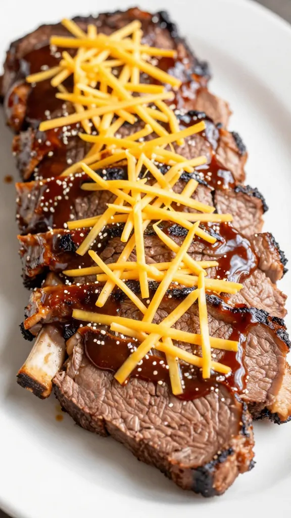 Sliced leftover ribeye with BBQ sauce and shredded cheese