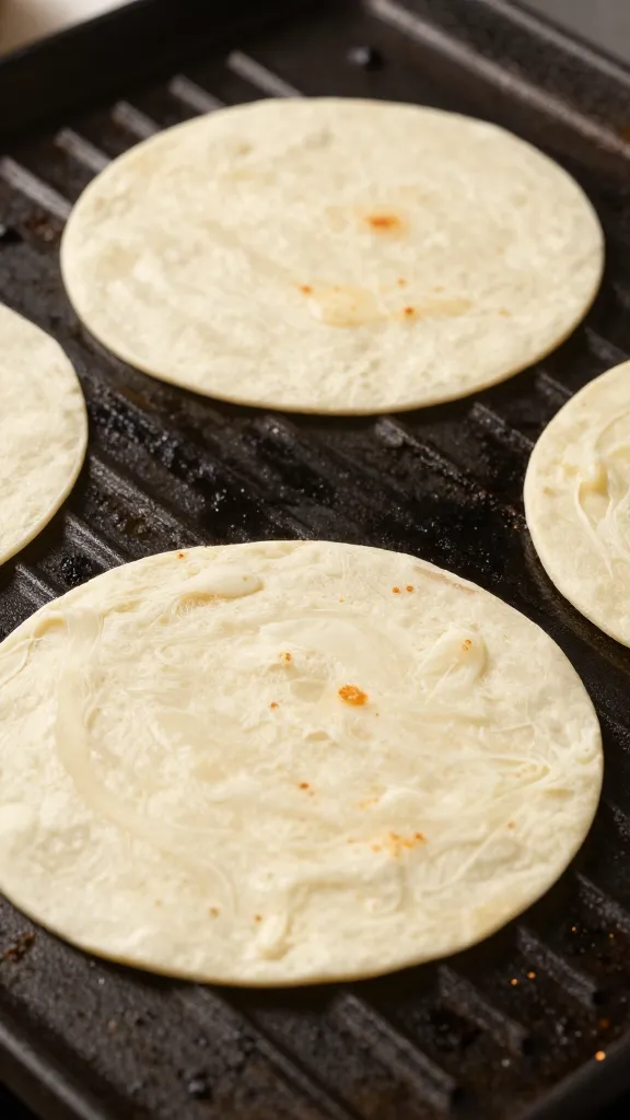 Flour tortillas crisping on grill, melty steak filling visible