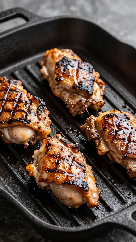 Grilled chicken thighs and flank steak on cast-iron grate