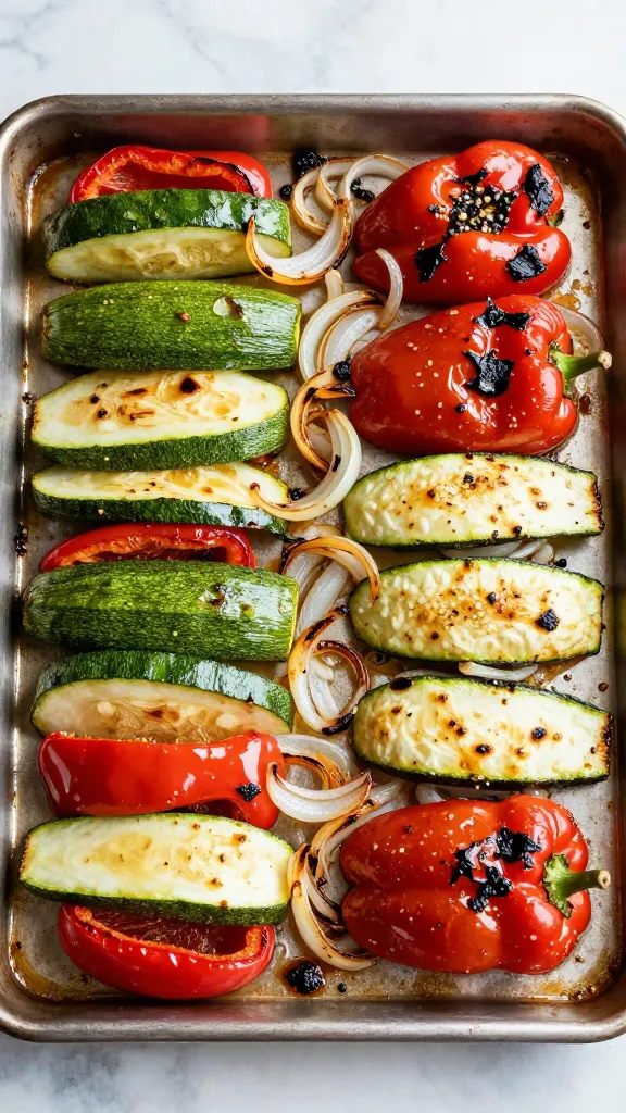 Roasted peppers onions zucchini on sheet pan, natural light