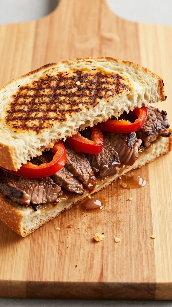 Leftover grilled steak sandwich with peppers on wooden board