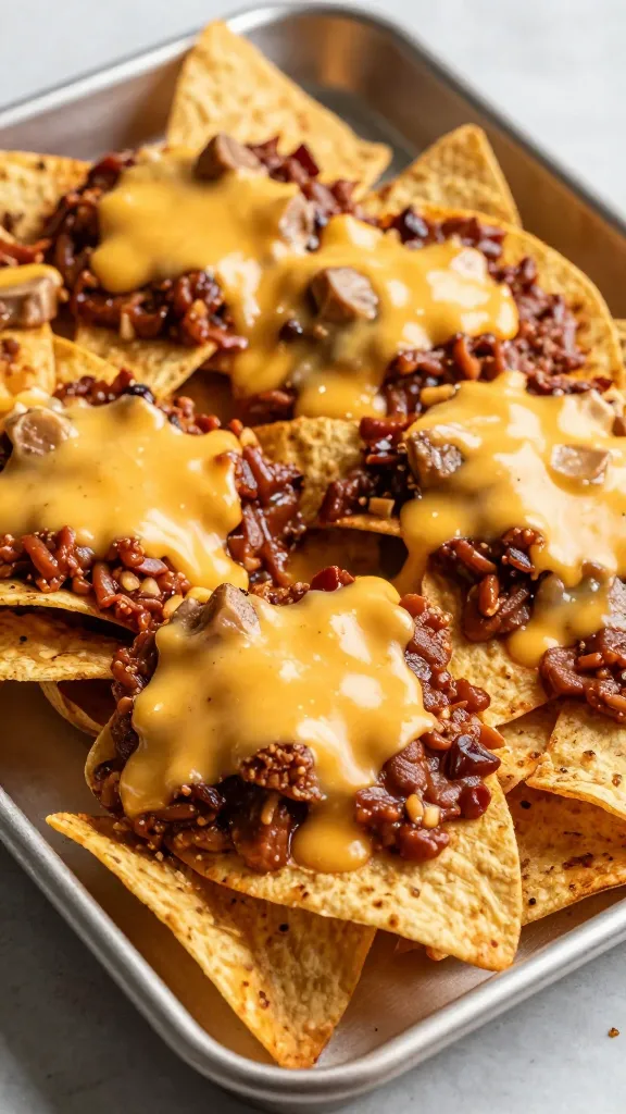 BBQ chili nachos on sheet pan with melted cheese