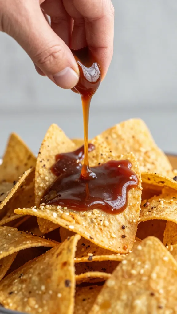 Close-up hand drizzling BBQ sauce over chili nachos