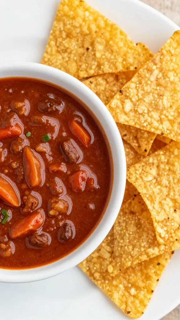 Bowl of leftover chili beside crispy tortilla chips