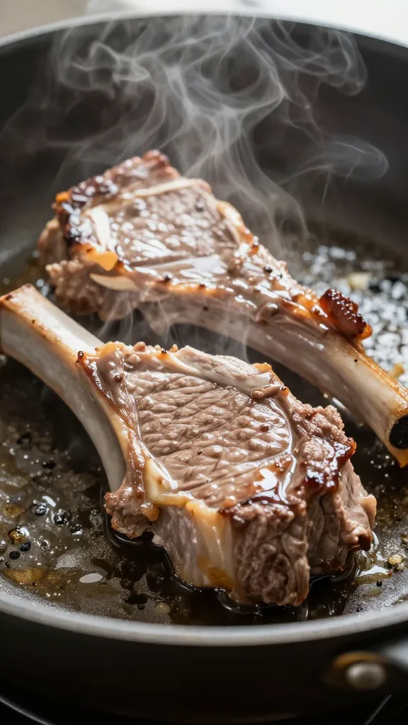 Close-up saucy rib meat in skillet, steam rising