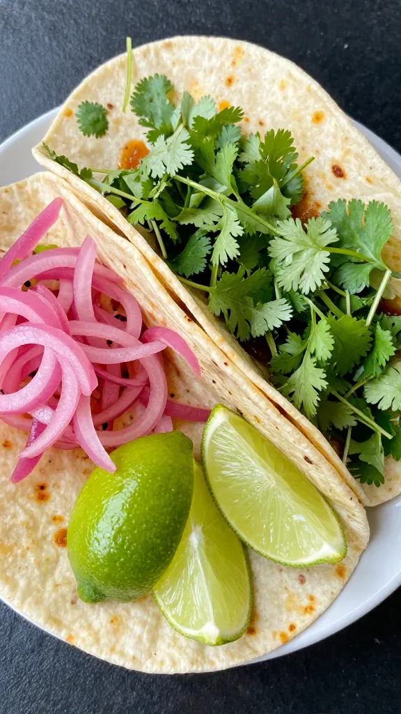 Taco toppings trio: pickled onions, cilantro, lime wedges