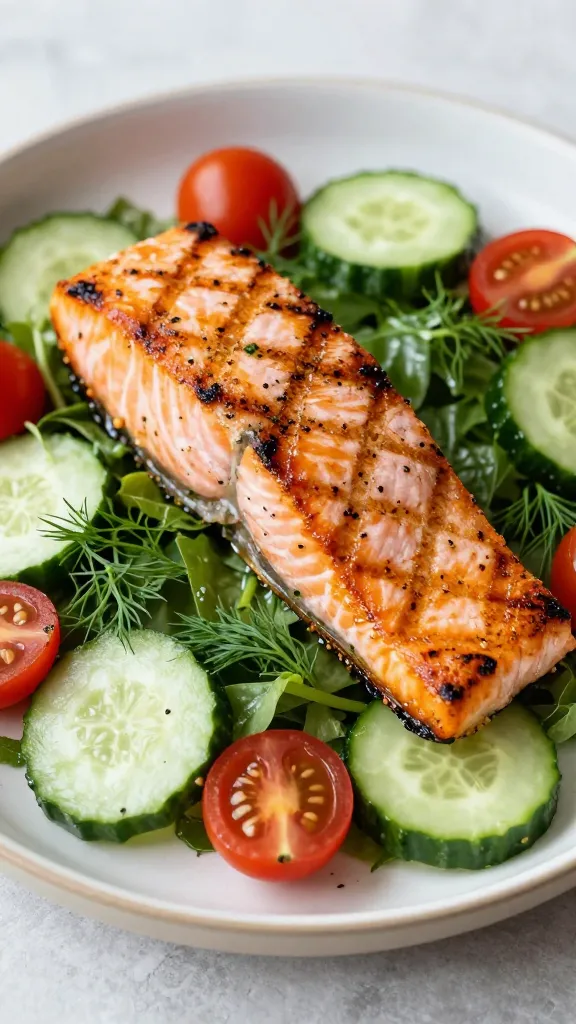 chilled grilled salmon salad with cucumbers, cherry tomatoes, dill