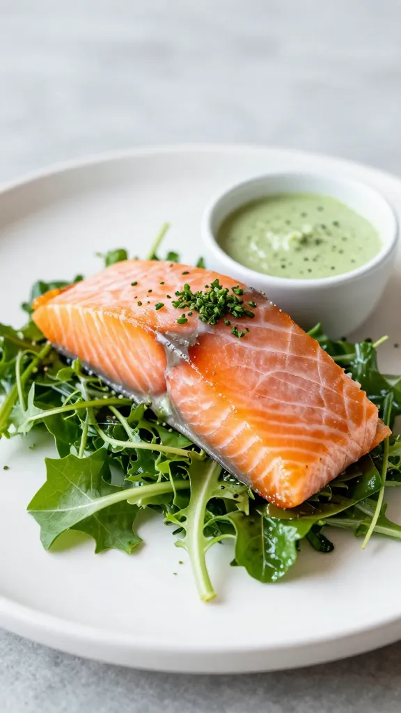 smoky salmon atop crunchy greens, herb dressing, patio light