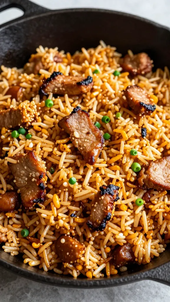 BBQ pork fried rice in cast-iron skillet