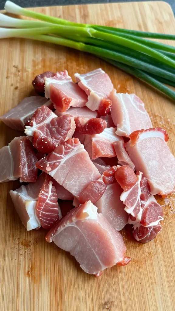 Chopped leftover pork on cutting board with scallions